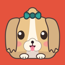 The Pawsitions app icon: a round, fluffy puppy with a teal bow on a vermilion background.